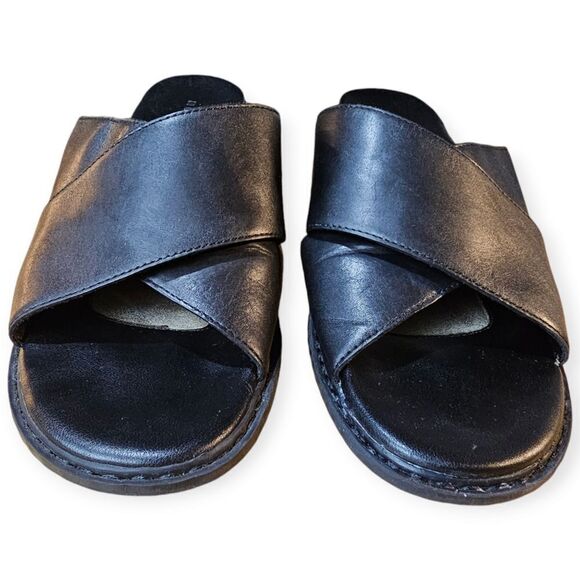 Mantles Black Leather Block Heel Sandals Size 10 - Picture 2 of 9